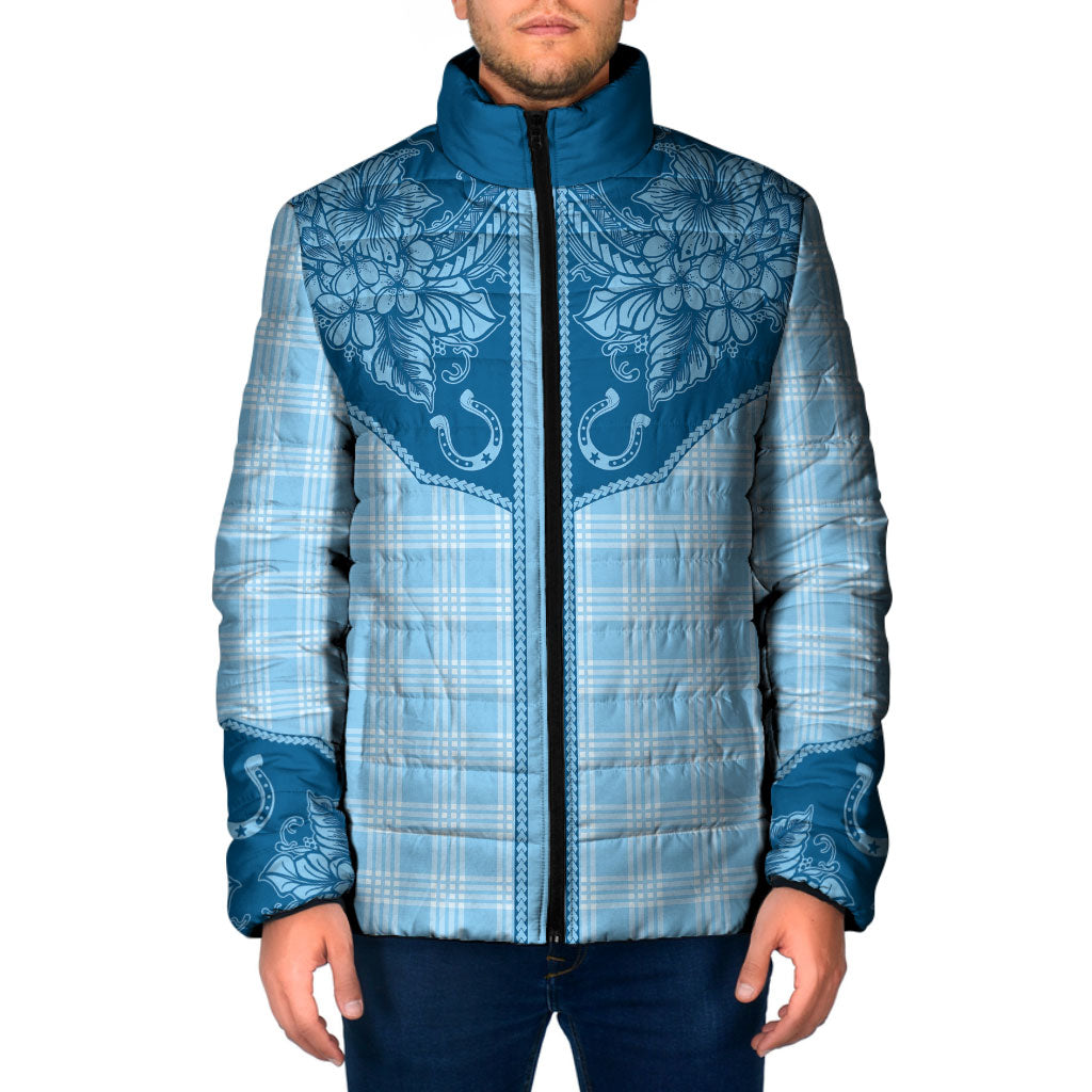 Hawai'i Paniolo Motif Deep Blue Padded Jacket Floral Palaka Print LT7 Men Navy Blue - Polynesian Pride
