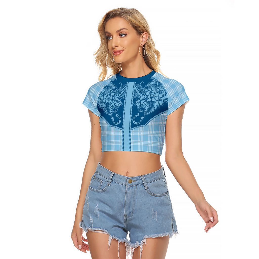 Hawai'i Paniolo Motif Deep Blue Raglan Cropped T Shirt Floral Palaka Print LT7 Female Navy Blue - Polynesian Pride