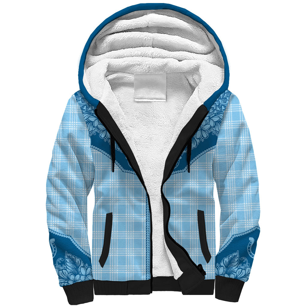 Hawai'i Paniolo Motif Deep Blue Sherpa Hoodie Floral Palaka Print LT7 Unisex Navy Blue - Polynesian Pride