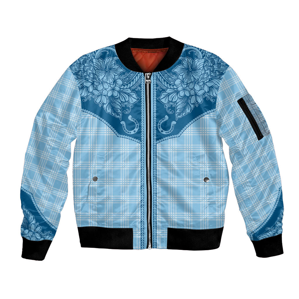 Hawai'i Paniolo Motif Deep Blue Sleeve Zip Bomber Jacket Floral Palaka Print LT7 Unisex Navy Blue - Polynesian Pride