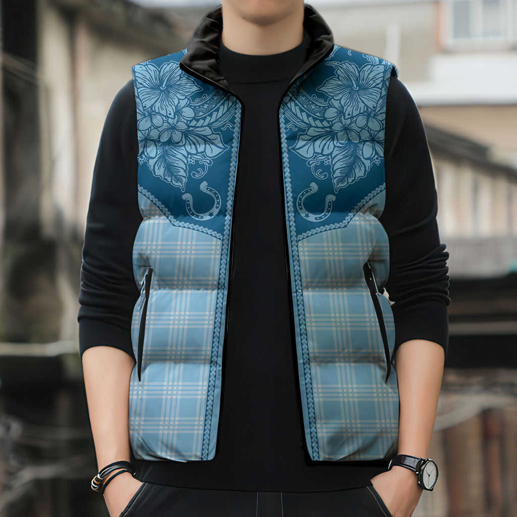 Hawai'i Paniolo Motif Deep Blue Sleeveless Puffer Jacket Floral Palaka Print LT7 - Polynesian Pride