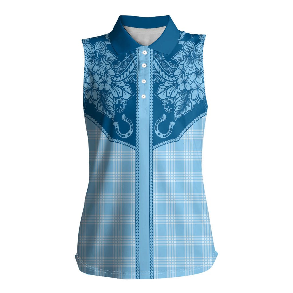 Hawai'i Paniolo Motif Deep Blue Women Sleeveless Polo Shirt Floral Palaka Print LT7 Female Navy Blue - Polynesian Pride