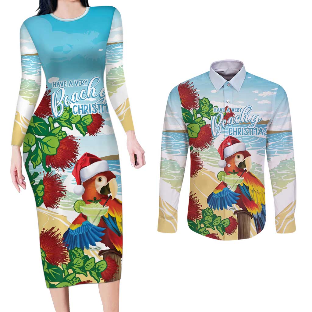 Have A Very Beach Christmas Couples Matching Long Sleeve Bodycon Dress and Long Sleeve Button Shirt Parrot By Lehua Flower - Polynesian Pride