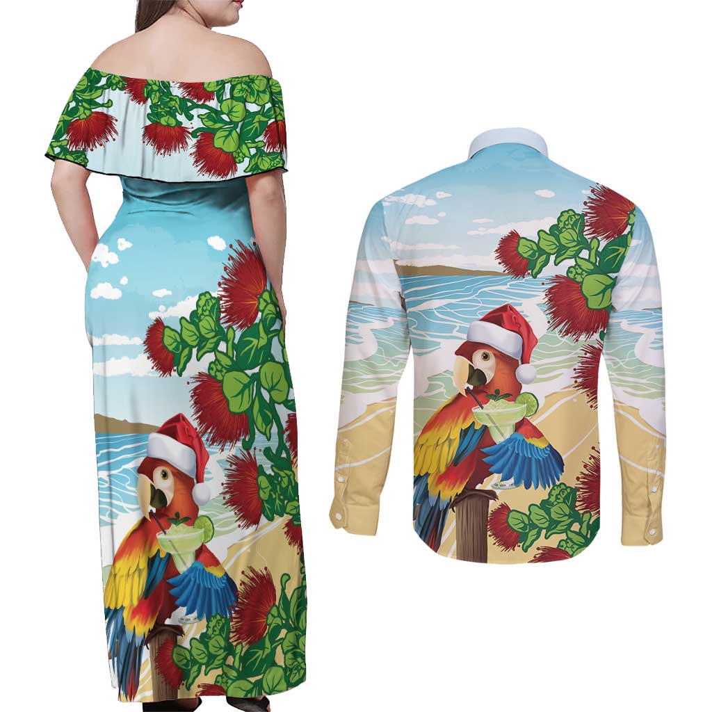 Have A Very Beach Christmas Couples Matching Off Shoulder Maxi Dress and Long Sleeve Button Shirt Parrot By Lehua Flower - Polynesian Pride