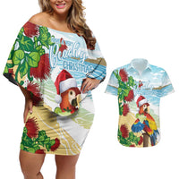 Have A Very Beach Christmas Couples Matching Off Shoulder Short Dress and Hawaiian Shirt Parrot By Lehua Flower - Polynesian Pride