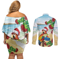 Have A Very Beach Christmas Couples Matching Off Shoulder Short Dress and Long Sleeve Button Shirt Parrot By Lehua Flower - Polynesian Pride