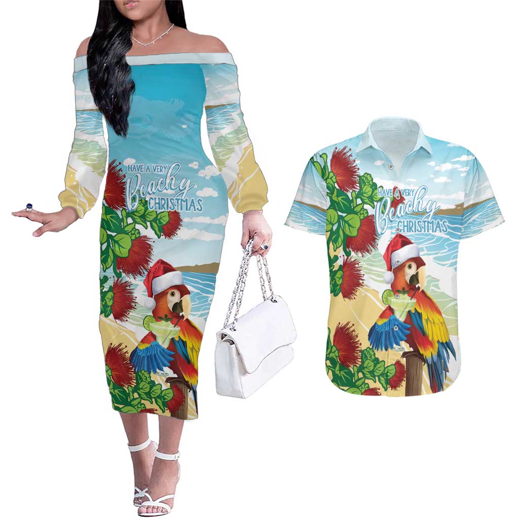 Have A Very Beach Christmas Couples Matching Off The Shoulder Long Sleeve Dress and Hawaiian Shirt Parrot By Lehua Flower - Polynesian Pride