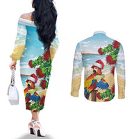 Have A Very Beach Christmas Couples Matching Off The Shoulder Long Sleeve Dress and Long Sleeve Button Shirt Parrot By Lehua Flower - Polynesian Pride
