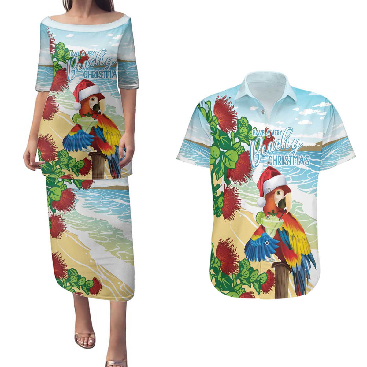 Have A Very Beach Christmas Couples Matching Puletasi and Hawaiian Shirt Parrot By Lehua Flower - Polynesian Pride