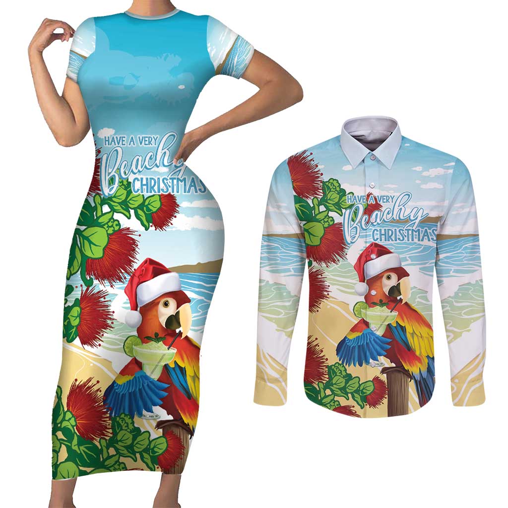 Have A Very Beach Christmas Couples Matching Short Sleeve Bodycon Dress and Long Sleeve Button Shirt Parrot By Lehua Flower - Polynesian Pride