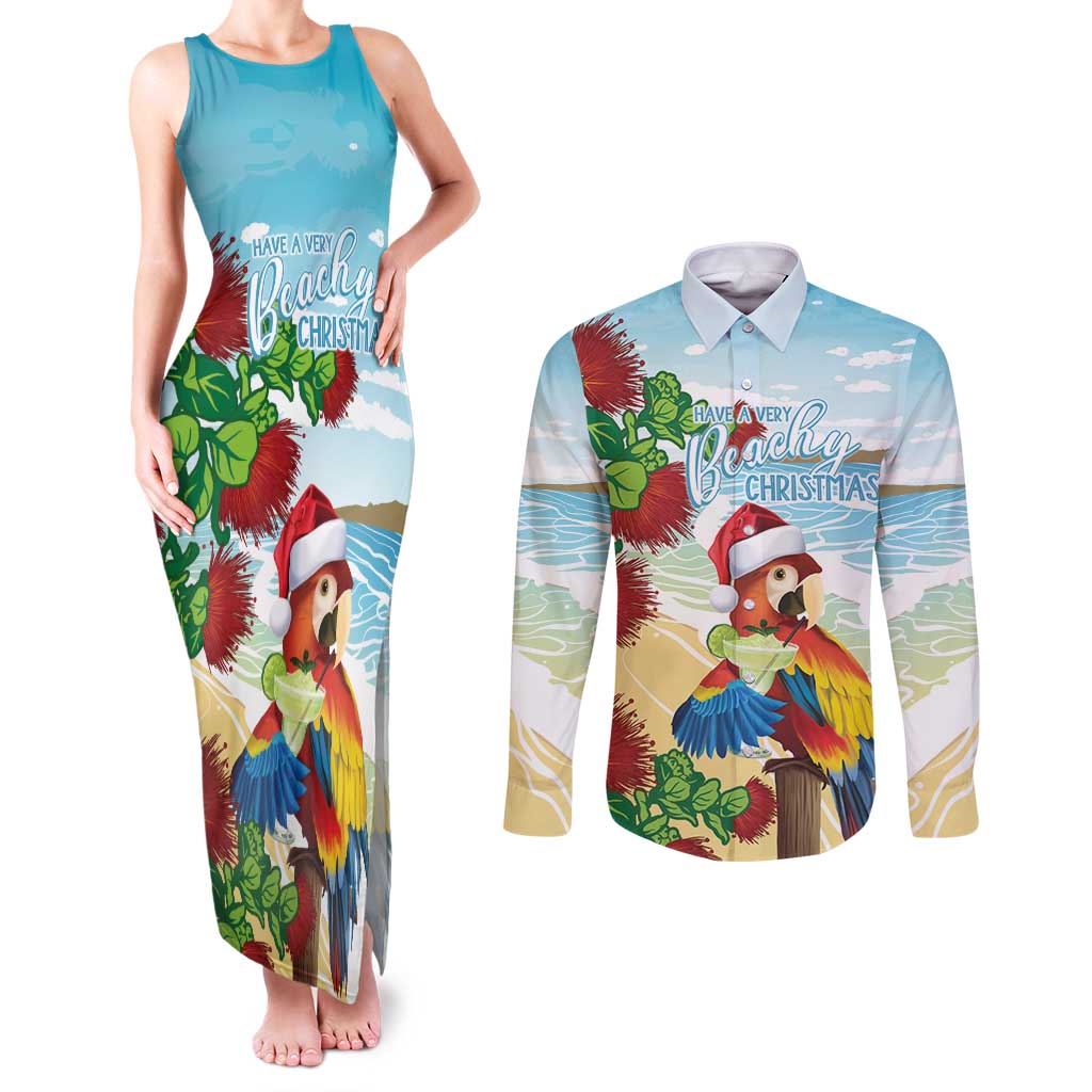 Have A Very Beach Christmas Couples Matching Tank Maxi Dress and Long Sleeve Button Shirt Parrot By Lehua Flower - Polynesian Pride