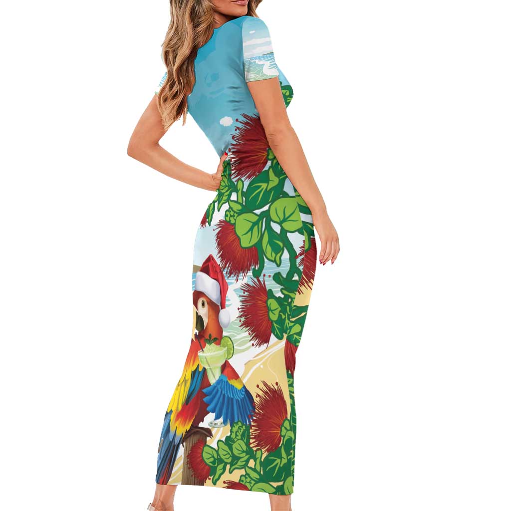 Have A Very Beach Christmas Short Sleeve Bodycon Dress Parrot By Lehua Flower - Polynesian Pride
