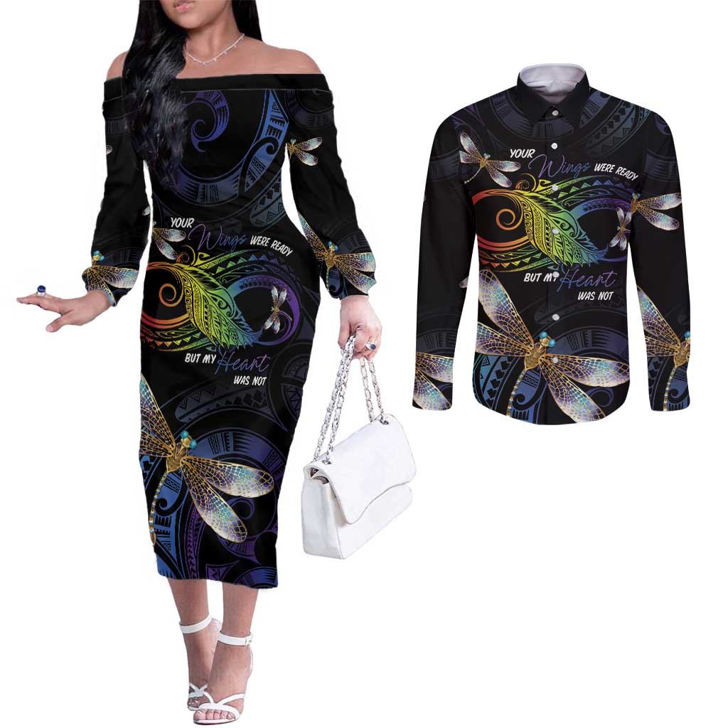 Personalised Polynesian Memorial Couples Matching Off The Shoulder Long Sleeve Dress and Long Sleeve Button Shirt Your Wings Were Ready But My Heart Was Not