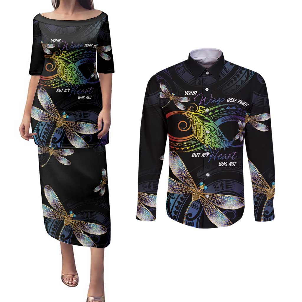 Personalised Polynesian Memorial Couples Matching Puletasi and Long Sleeve Button Shirt Your Wings Were Ready But My Heart Was Not