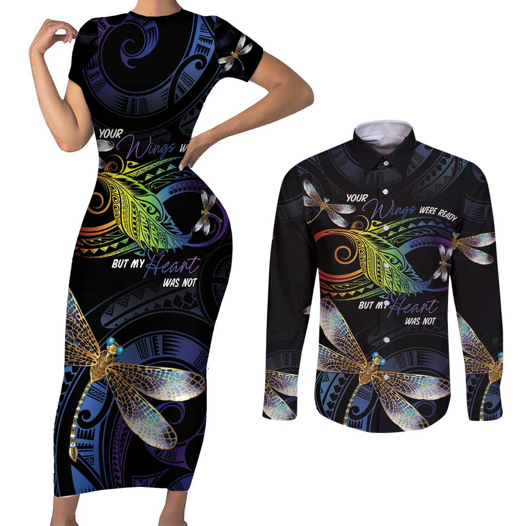 Personalised Polynesian Memorial Couples Matching Short Sleeve Bodycon Dress and Long Sleeve Button Shirt Your Wings Were Ready But My Heart Was Not