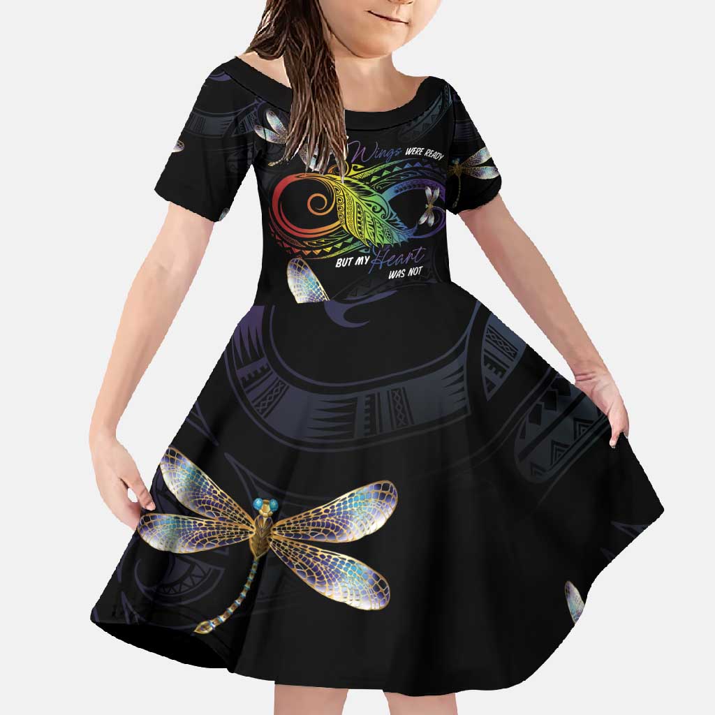 Personalised Polynesian Memorial Family Matching Long Sleeve Bodycon Dress and Hawaiian Shirt Your Wings Were Ready But My Heart Was Not LT7 Daughter's Dress Black - Polynesian Pride