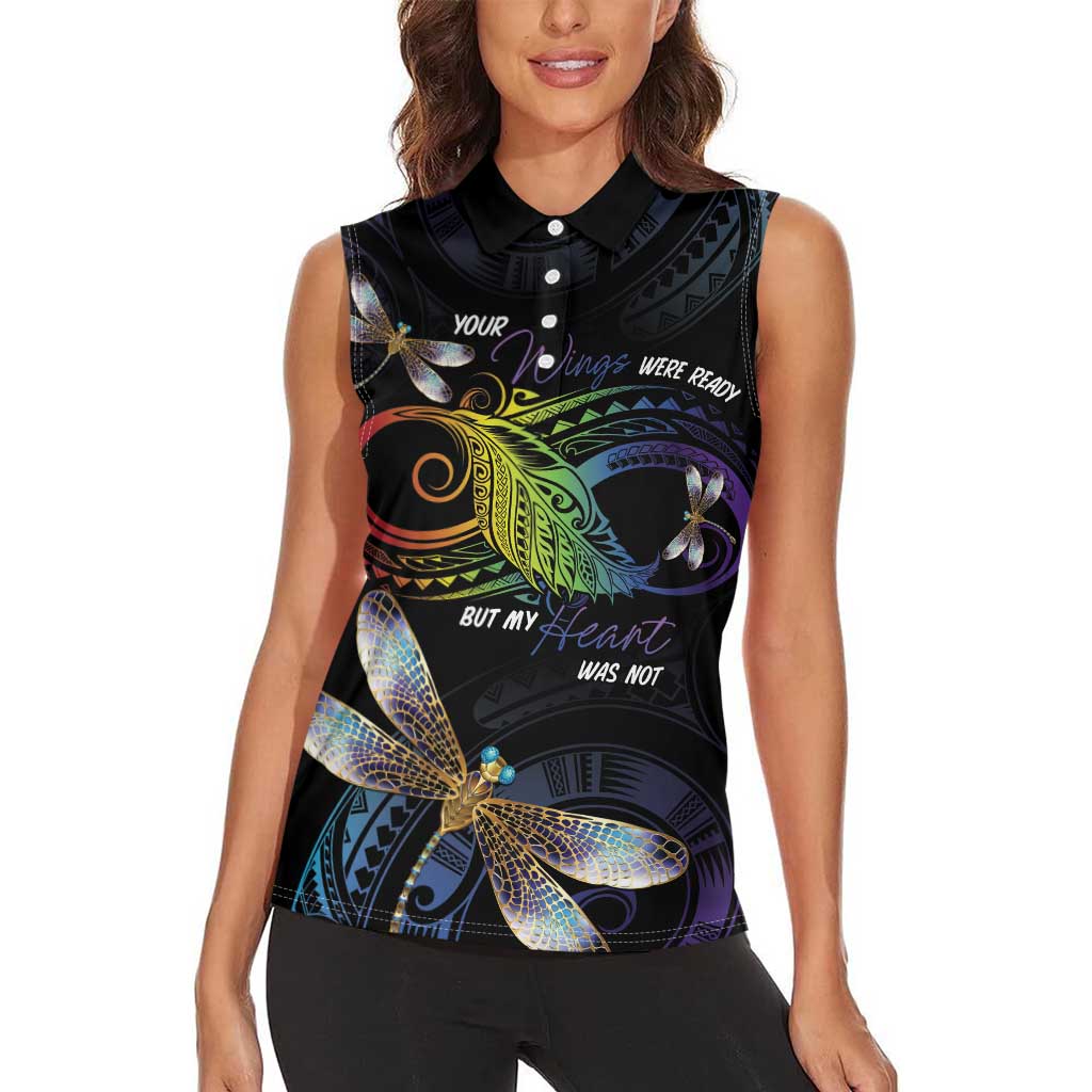 Personalised Polynesian Memorial Women Sleeveless Polo Shirt Your Wings Were Ready But My Heart Was Not