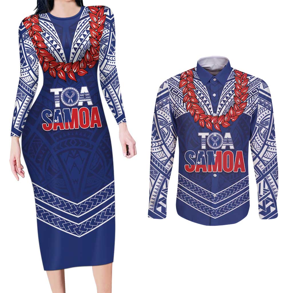 Toa Samoa Rugby Custom Couples Matching Long Sleeve Bodycon Dress and Long Sleeve Button Shirt Ulafala Mix Nifo'oti - Polynesian Pride