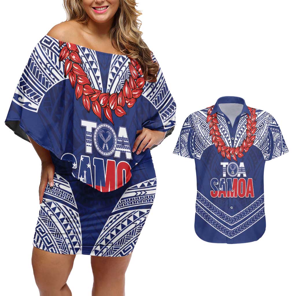 Toa Samoa Rugby Custom Couples Matching Off Shoulder Short Dress and Hawaiian Shirt Ulafala Mix Nifo'oti - Polynesian Pride