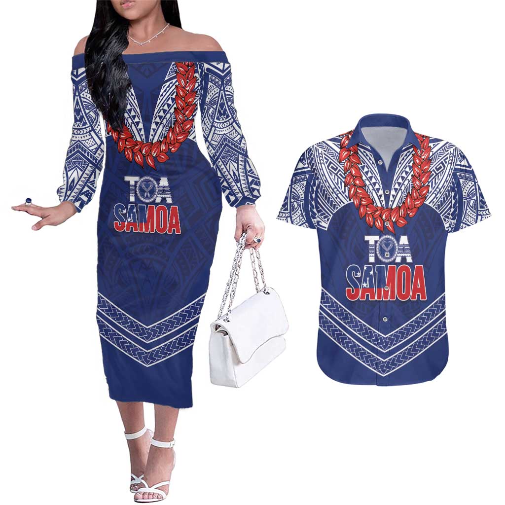 Toa Samoa Rugby Custom Couples Matching Off The Shoulder Long Sleeve Dress and Hawaiian Shirt Ulafala Mix Nifo'oti - Polynesian Pride
