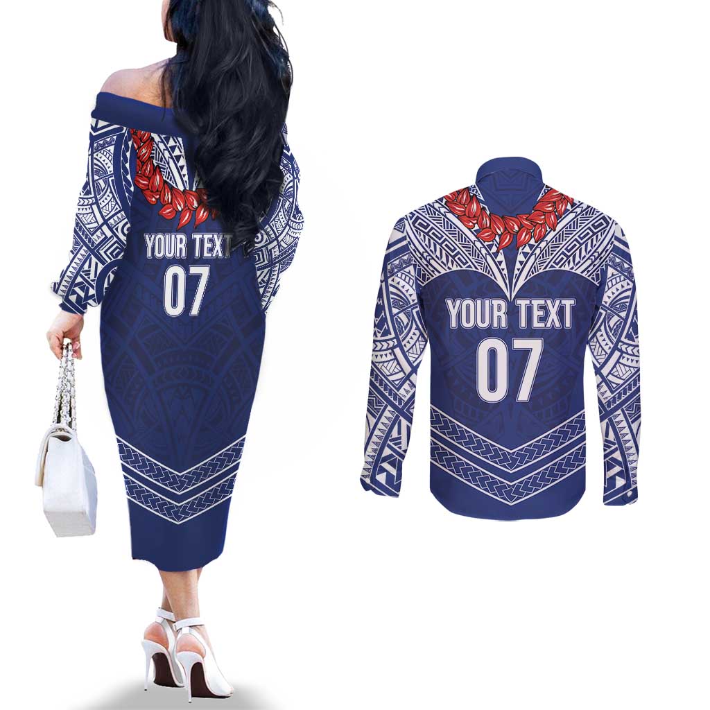 Toa Samoa Rugby Custom Couples Matching Off The Shoulder Long Sleeve Dress and Long Sleeve Button Shirt Ulafala Mix Nifo'oti - Polynesian Pride