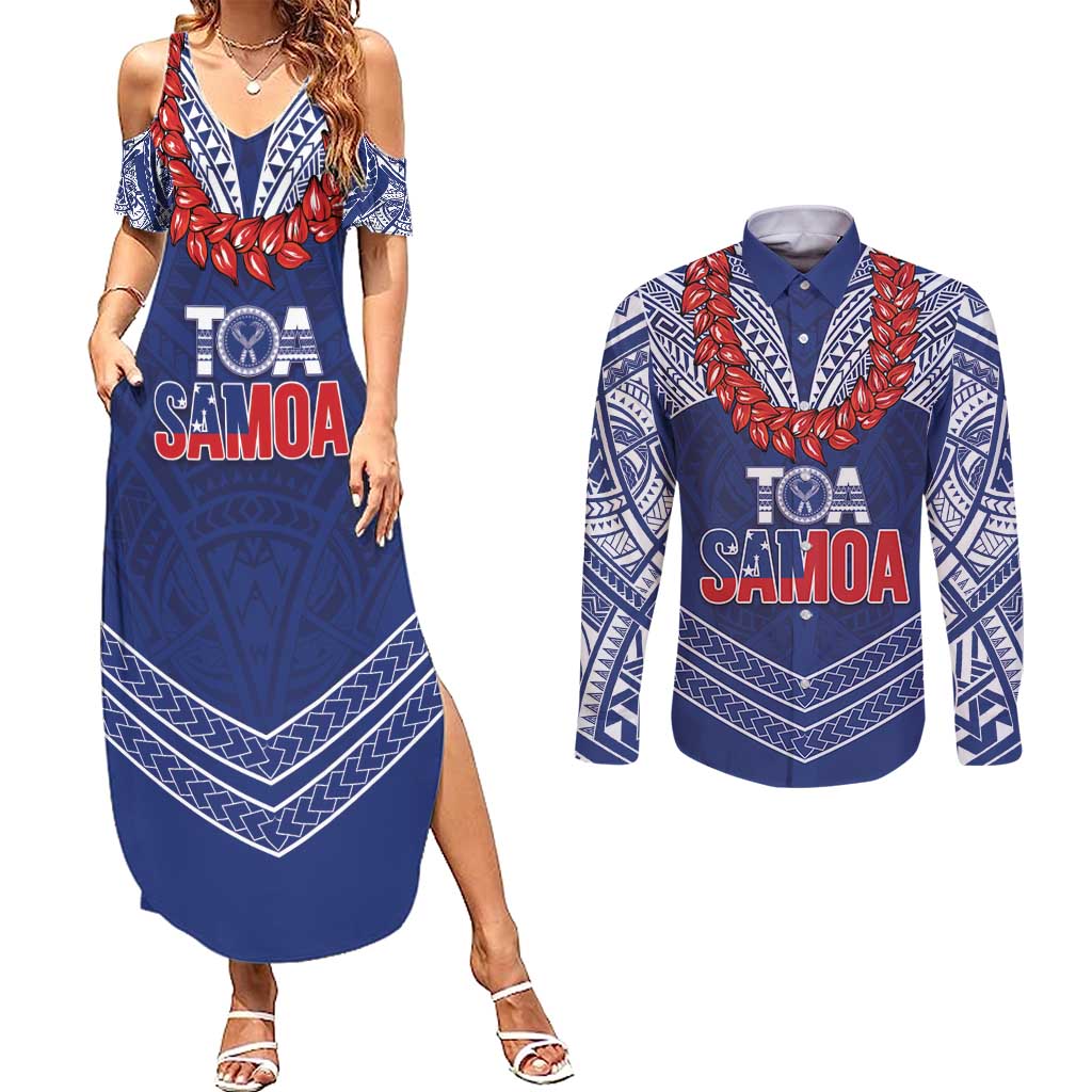 Toa Samoa Rugby Custom Couples Matching Summer Maxi Dress and Long Sleeve Button Shirt Ulafala Mix Nifo'oti - Polynesian Pride
