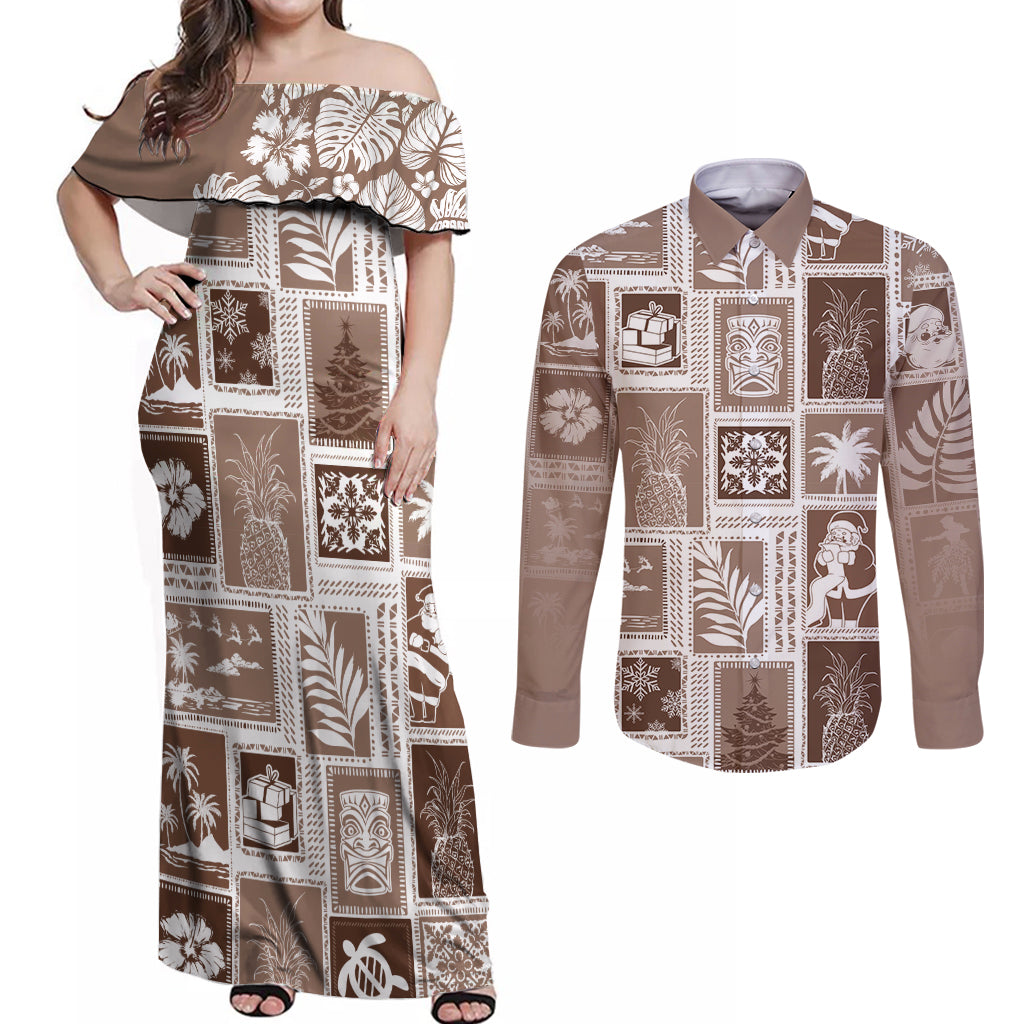 Hawaii Christmas Retro Patchwork Couples Matching Off Shoulder Maxi Dress and Long Sleeve Button Shirt Brown LT7 Brown - Polynesian Pride
