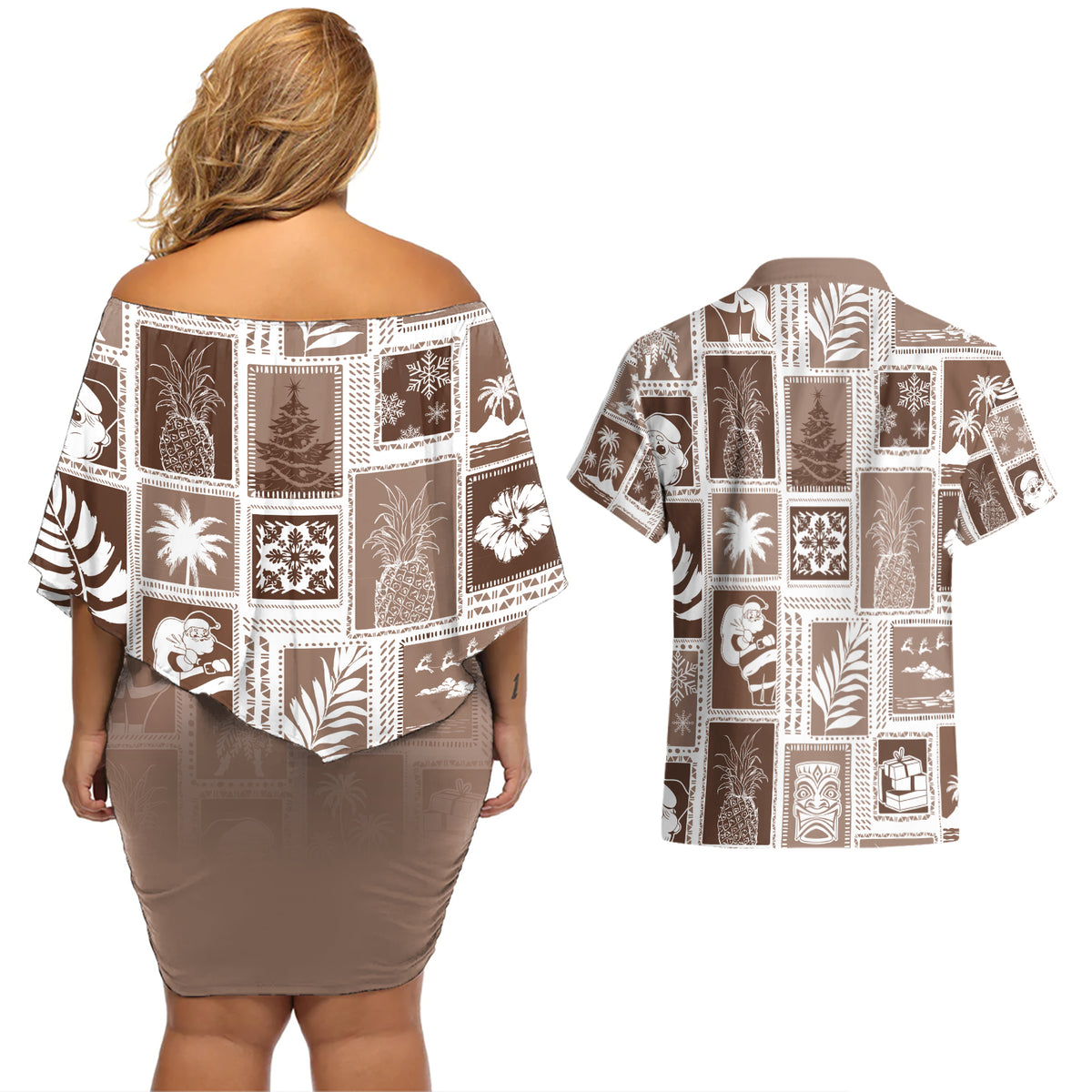 Hawaii Christmas Retro Patchwork Couples Matching Off Shoulder Short Dress and Hawaiian Shirt Brown LT7 - Polynesian Pride