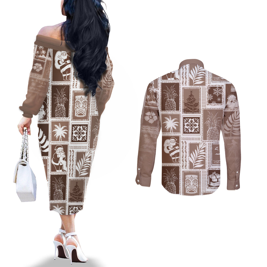 Hawaii Christmas Retro Patchwork Couples Matching Off The Shoulder Long Sleeve Dress and Long Sleeve Button Shirt Brown LT7 - Polynesian Pride