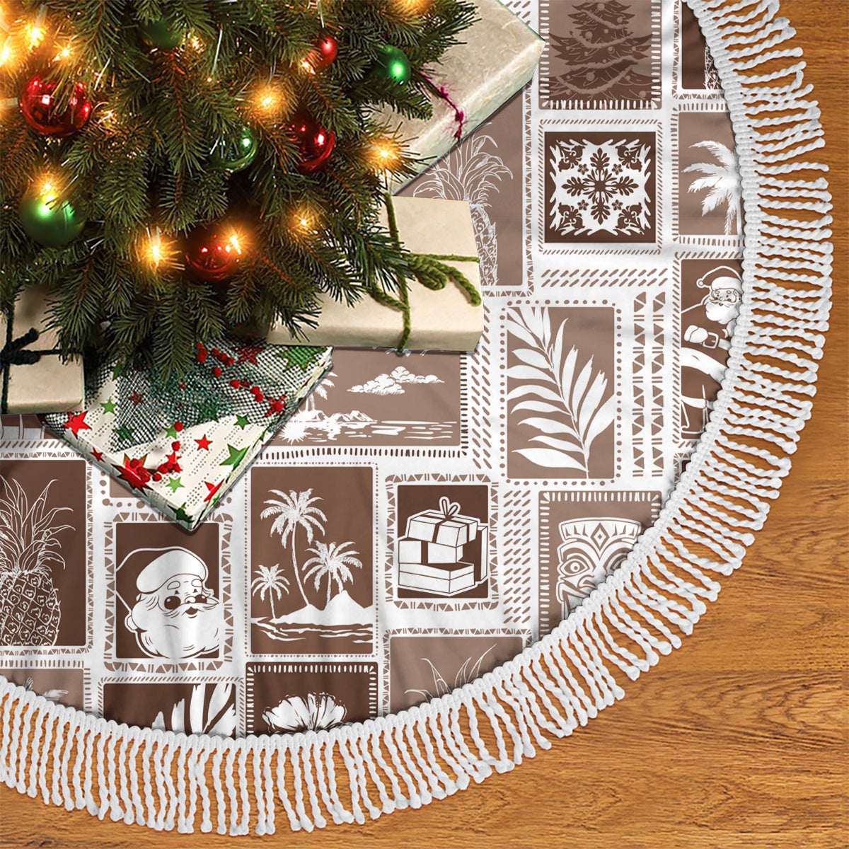 Hawaii Christmas Tree Skirt Retro Patchwork - Brown LT7 - Polynesian Pride