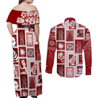 Hawaii Christmas Retro Patchwork Couples Matching Off Shoulder Maxi Dress and Long Sleeve Button Shirt Red LT7 - Polynesian Pride