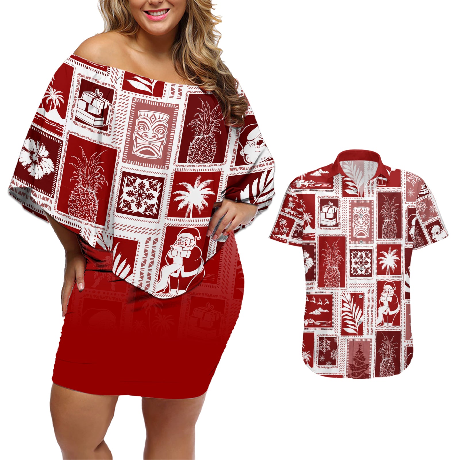Hawaii Christmas Retro Patchwork Couples Matching Off Shoulder Short Dress and Hawaiian Shirt Red LT7 Red - Polynesian Pride