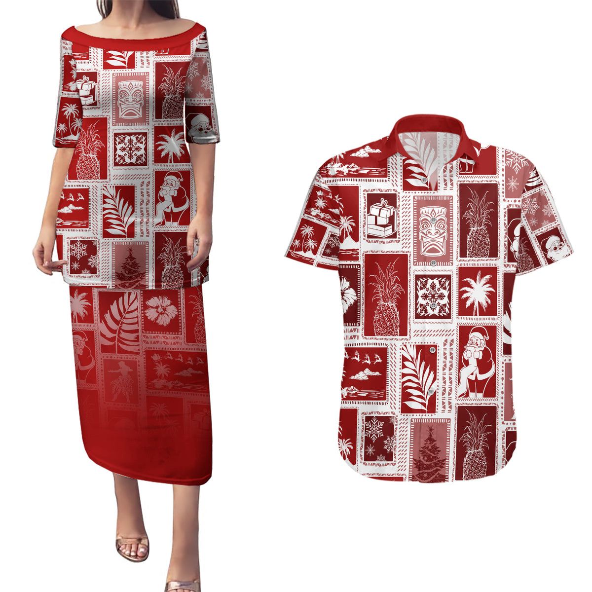 Hawaii Christmas Retro Patchwork Couples Matching Puletasi Dress and Hawaiian Shirt Red LT7 Red - Polynesian Pride