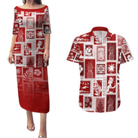 Hawaii Christmas Retro Patchwork Couples Matching Puletasi Dress and Hawaiian Shirt Red LT7 Red - Polynesian Pride