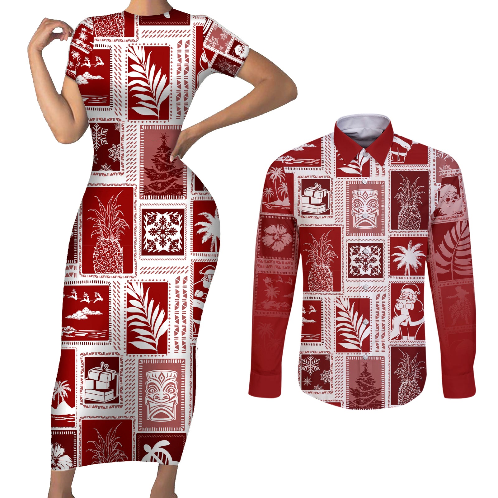 Hawaii Christmas Retro Patchwork Couples Matching Short Sleeve Bodycon Dress and Long Sleeve Button Shirt Red LT7 Red - Polynesian Pride