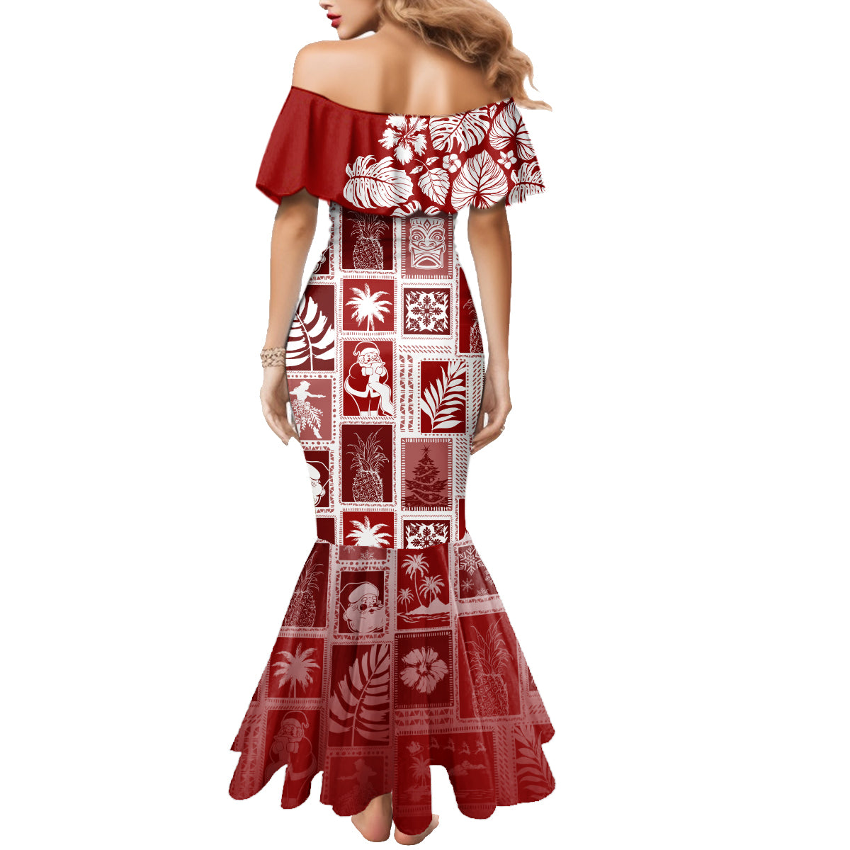 Hawaii Christmas Retro Patchwork Family Matching Mermaid Dress and Hawaiian Shirt Red LT7 - Polynesian Pride