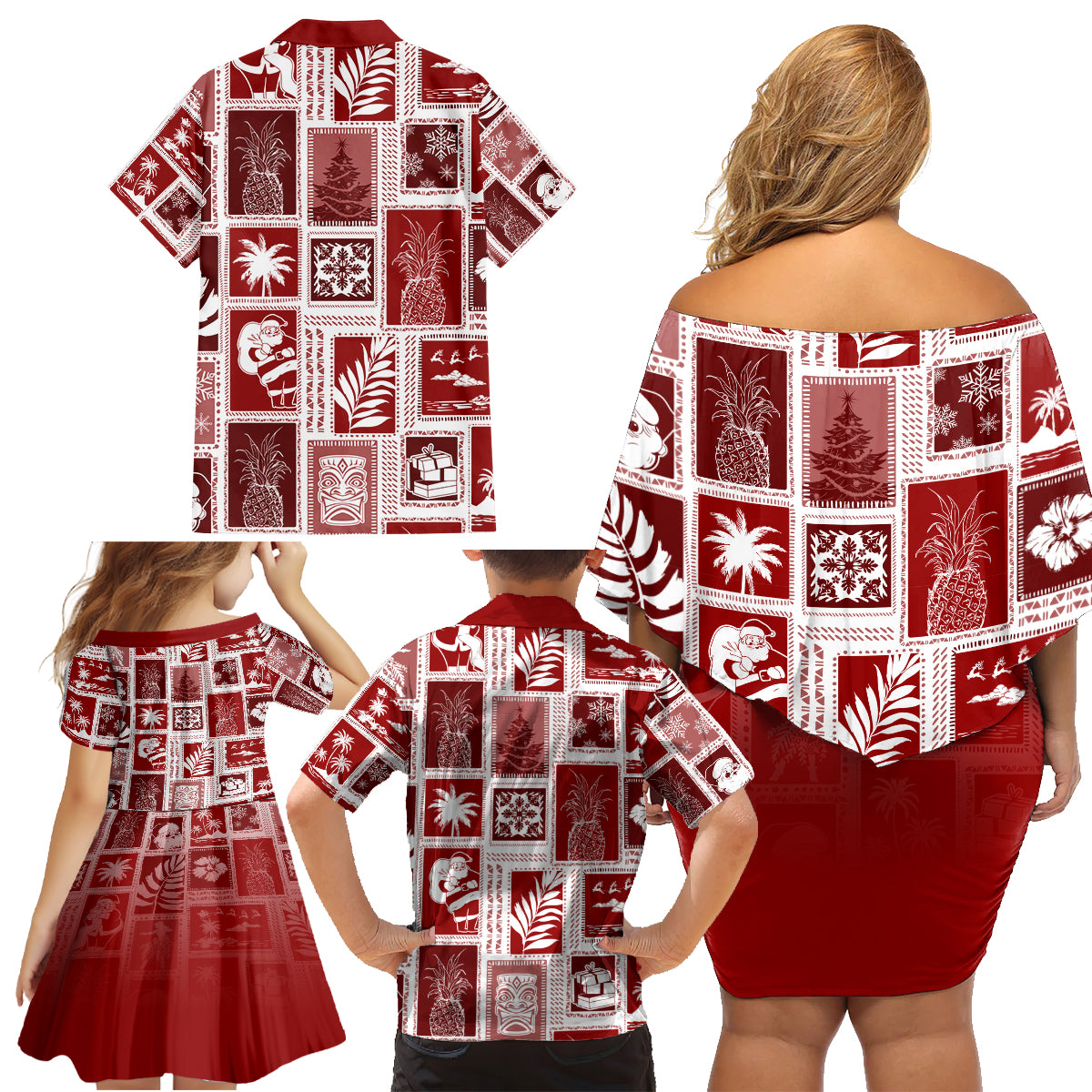 Hawaii Christmas Retro Patchwork Family Matching Off Shoulder Short Dress and Hawaiian Shirt Red LT7 - Polynesian Pride