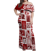 Hawaii Christmas Retro Patchwork Off Shoulder Maxi Dress Red LT7 Women Red - Polynesian Pride