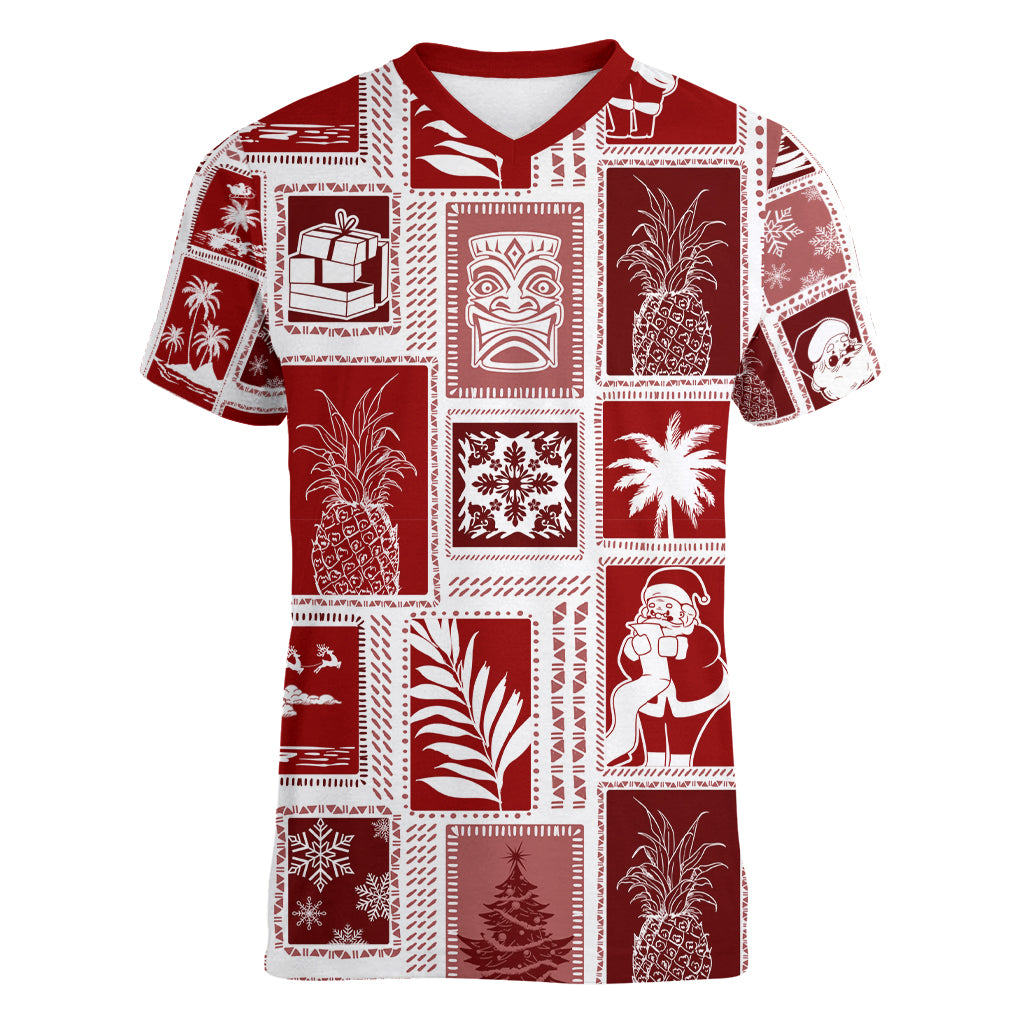 Hawaii Christmas Retro Patchwork Women V Neck T Shirt Red LT7 Female Red - Polynesian Pride