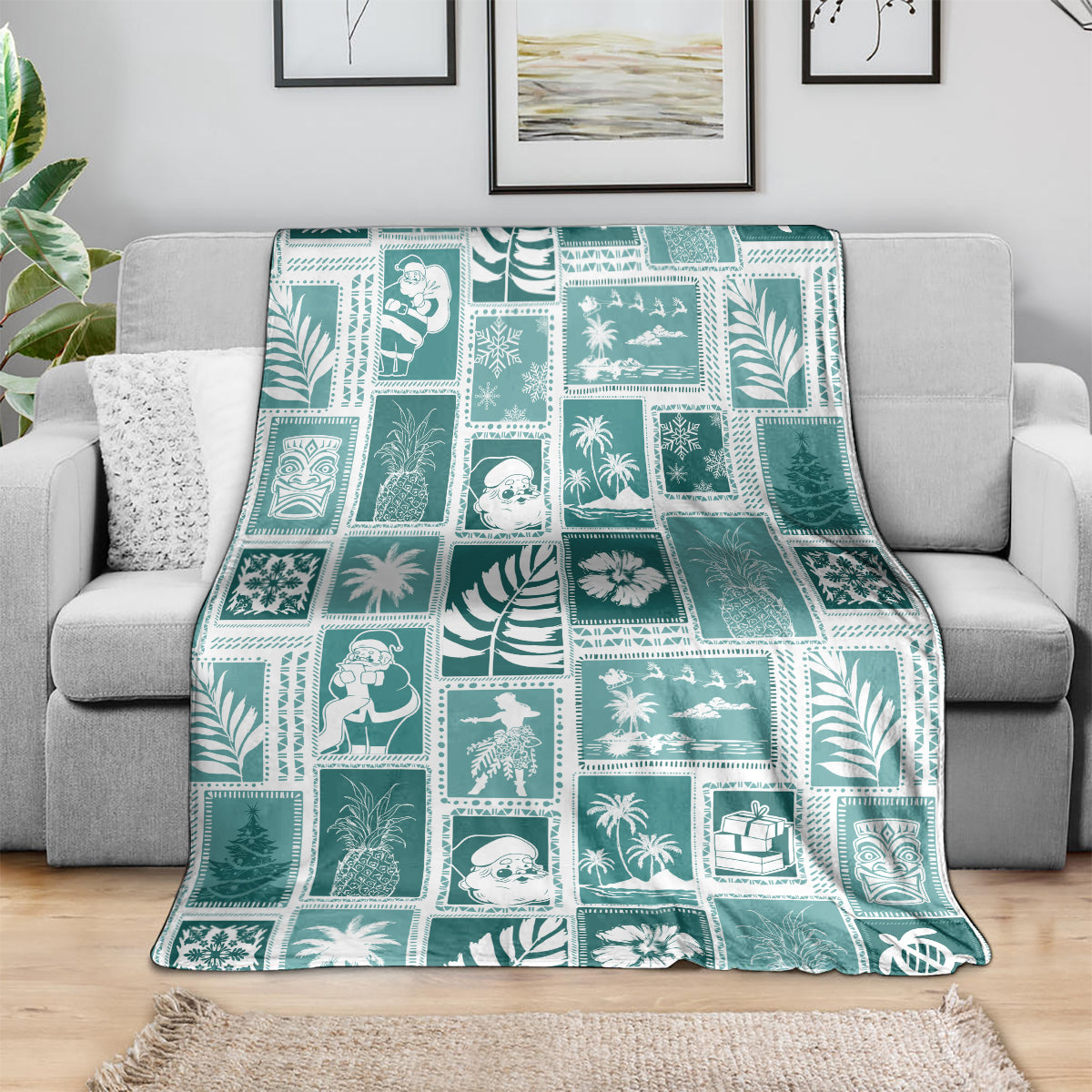 Hawaii Christmas Retro Patchwork Blanket Teal LT7 - Polynesian Pride