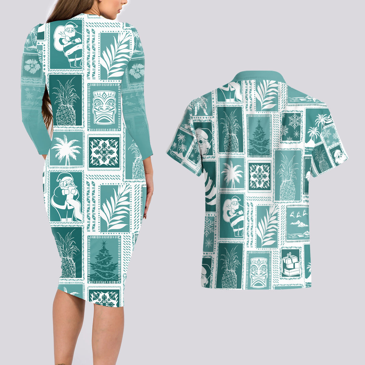 Hawaii Christmas Retro Patchwork Couples Matching Long Sleeve Bodycon Dress and Hawaiian Shirt Teal LT7 - Polynesian Pride