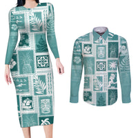 Hawaii Christmas Retro Patchwork Couples Matching Long Sleeve Bodycon Dress and Long Sleeve Button Shirt Teal LT7 Teal - Polynesian Pride