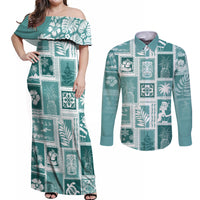 Hawaii Christmas Retro Patchwork Couples Matching Off Shoulder Maxi Dress and Long Sleeve Button Shirt Teal LT7 Teal - Polynesian Pride