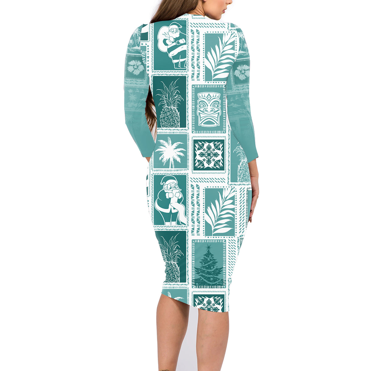Hawaii Christmas Retro Patchwork Family Matching Long Sleeve Bodycon Dress and Hawaiian Shirt Teal LT7 - Polynesian Pride