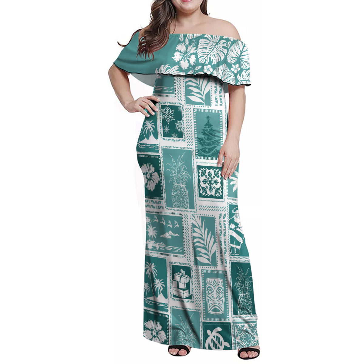Hawaii Christmas Retro Patchwork Family Matching Off Shoulder Maxi Dress and Hawaiian Shirt Teal LT7 Mom's Dress Teal - Polynesian Pride