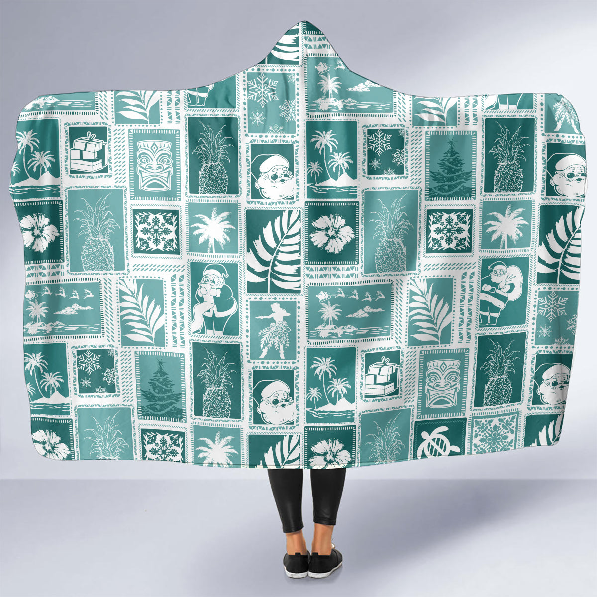 Hawaii Christmas Retro Patchwork Hooded Blanket Teal LT7 - Polynesian Pride