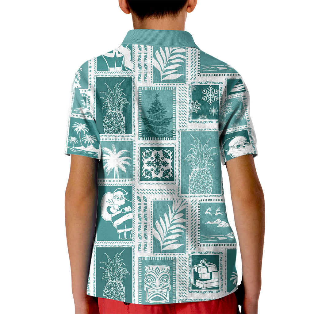 Hawaii Christmas Retro Patchwork Kid Polo Shirt Teal LT7 - Polynesian Pride