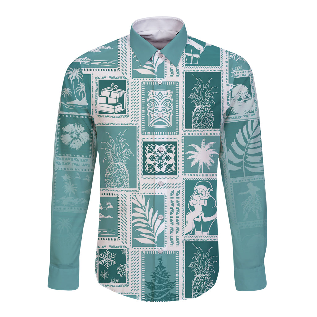 Hawaii Christmas Retro Patchwork Long Sleeve Button Shirt Teal LT7 Unisex Teal - Polynesian Pride