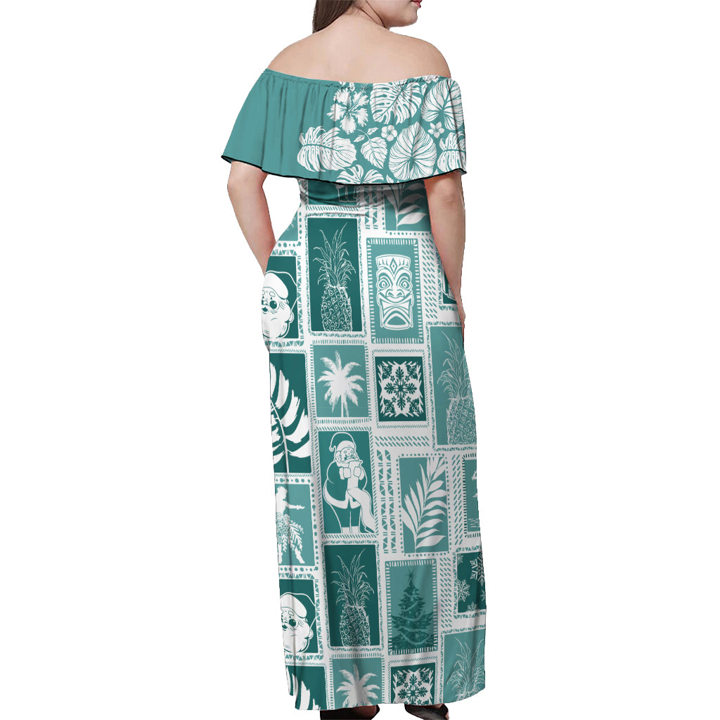 Hawaii Christmas Retro Patchwork Off Shoulder Maxi Dress Teal LT7 - Polynesian Pride