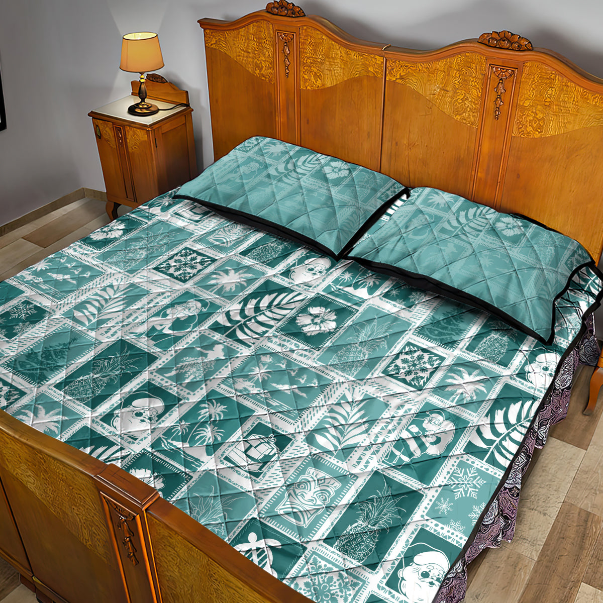 Hawaii Christmas Retro Patchwork Quilt Bed Set Teal LT7 - Polynesian Pride